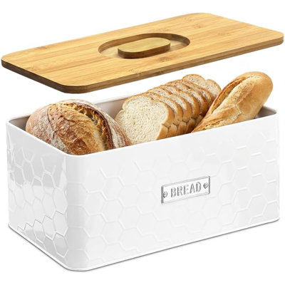 White Metal Farmhouse Bread Box with Bamboo Cutting Board Lid, Large Capacity Countertop Bread Storage