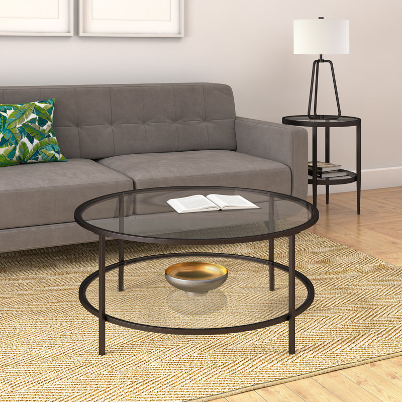 Sivil 36" Wide Round Coffee Table with Glass Top in Blackened Bronze, Blackened Bronze