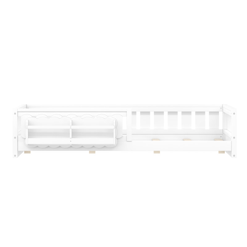 Lit plateforme simple en bois avec garde-corps et tablettes de rangement, blanc, Lit simple, Blanc