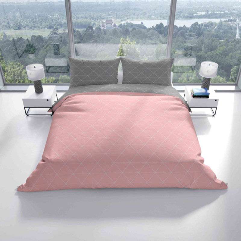 Denice Renforcé Bed Linen, 135 x 200cm Duvet Cover + 1 Pillowcase, Pink/Grey