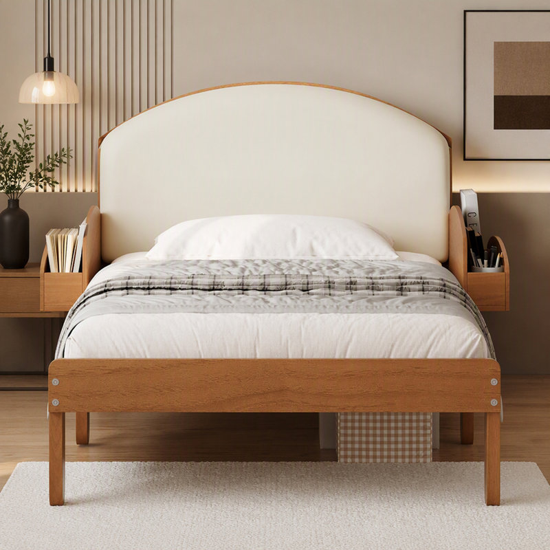 Lit simple avec tête de lit rembourrée et tablettes, Noyer