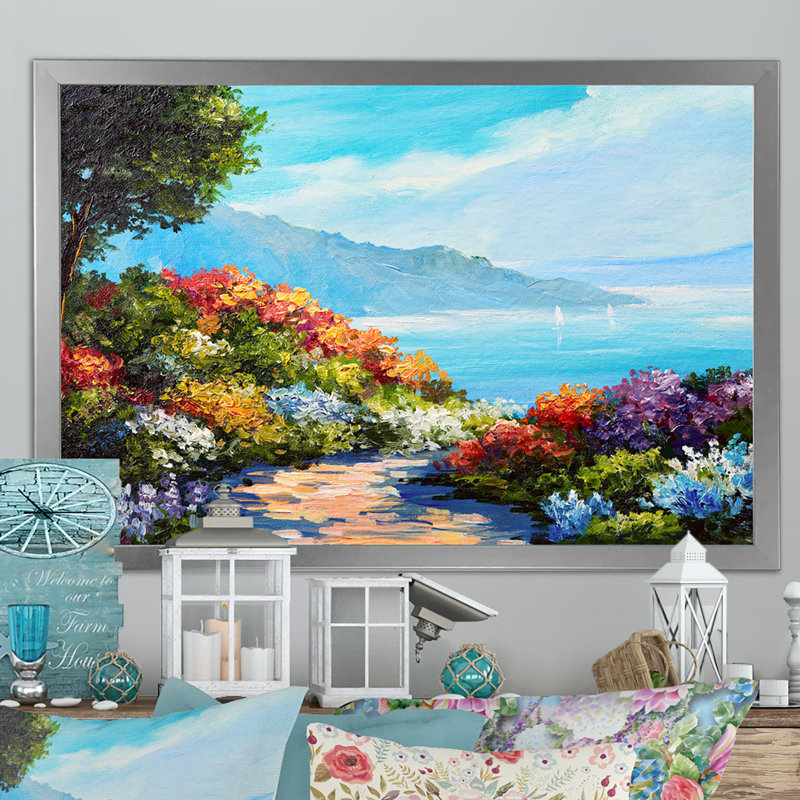 Fleurs colorées dans un paysage côtier - reproduction d'art sur toile, Toile argentée avec cadre photo
