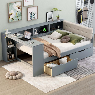 Wood Full Size Platform Bed With Storage Shelves