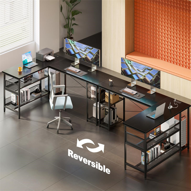 L-Shaped Gaming Table, Reversible Computer Table With 2 Outlets And 2 USB Charging Ports, Corner Table With Storage, Black