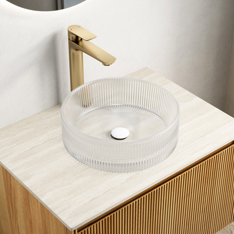 Transparent Round Crystal Glass 14 - Inch Bathroom Sink Without Faucet, Artistic Style, Fits Various Cabinet Styles, Clean And Low Maintenance, 4.63 Basin, Faucet Spout ≥9' Striped Appearance,