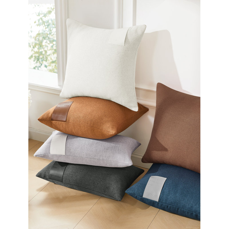 Decorative Solid Pillow Covers with Leather Label (Set of 2), 16"H x 16"W, Dark Gray