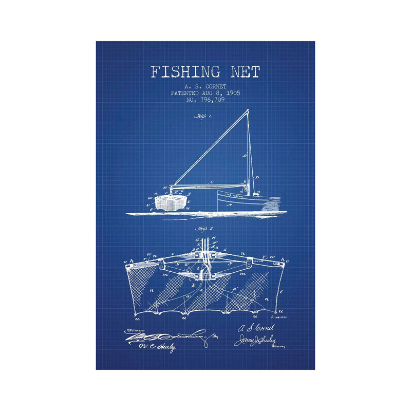 A.S. Cornet Fishing Net Patent Sketch (Blue Grid) by Aged Pixel - Wrapped Canvas Gallery-Wrapped Canvas Giclée