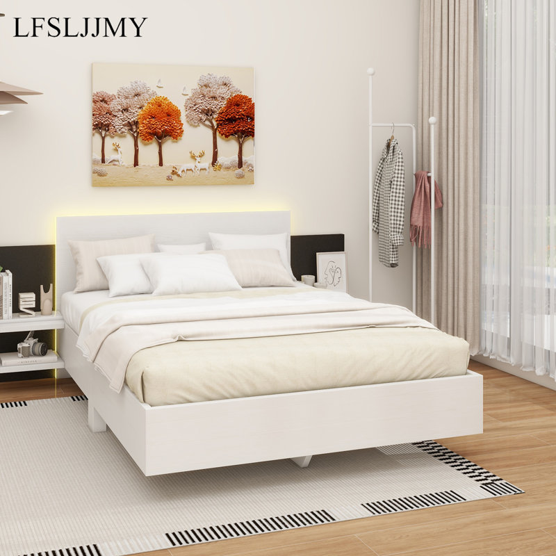 Lit plateforme flottant en bois avec lumières DEL et table de chevet, Grand lit, Blanc