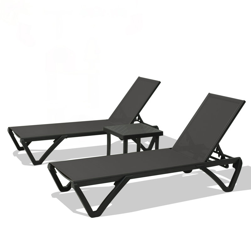 Adjustable Pool Lounge Chairs Set Of 2 With Side Table, Weather-Resistant Aluminum Chaise For Outdoor Relaxation, Dark Gray