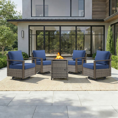 5-Piece Outdoor Modern Patio Swivel Chair Conversation Set With Fire Pit Table