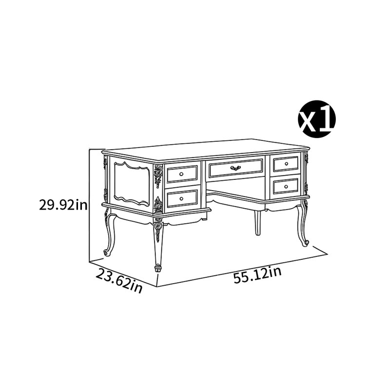 Bureau sculpté de style européen, H 29,92 po x l 55,12 po x P 23,62 po