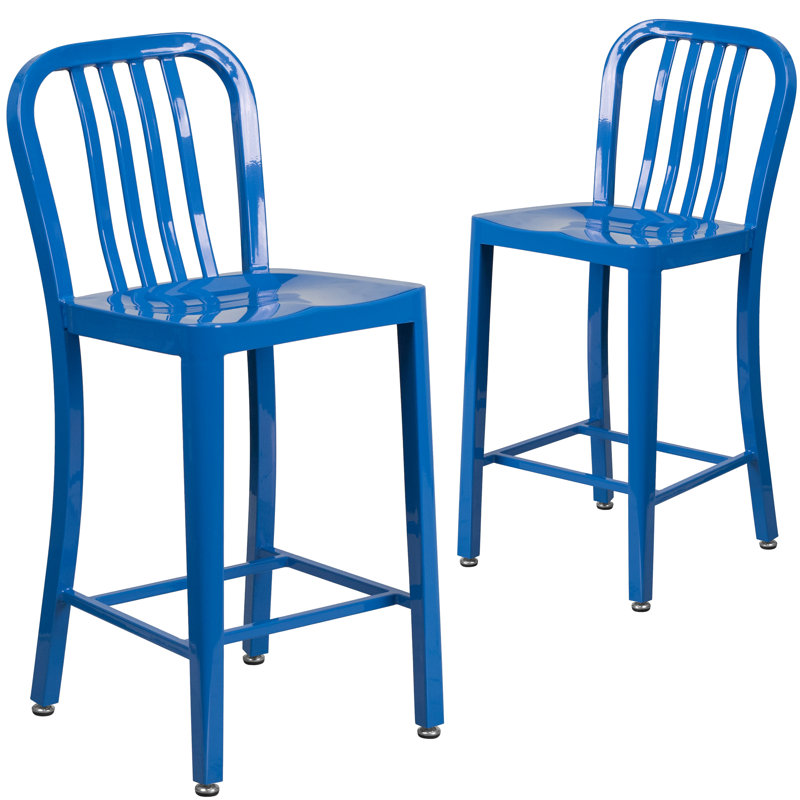 Commercial Grade Metal Indoor-Outdoor Stool with Vertical Slat Back, Blue, Counter Stool (61cm Seat Height)