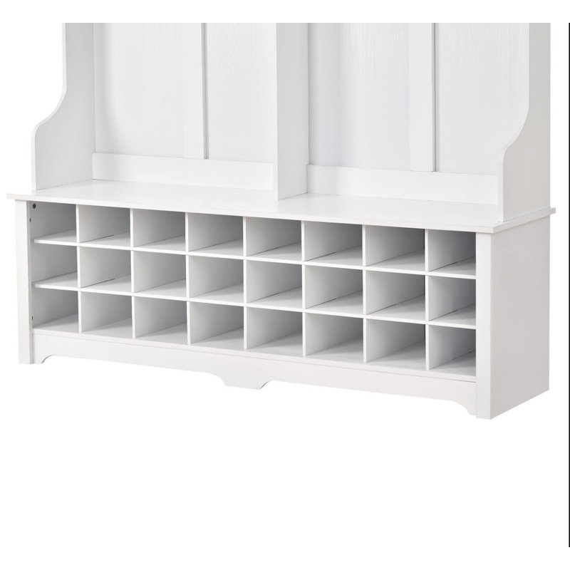ON-TREND Modern Style Multiple Functions Hallway Coat Rack with Metal Black Hooks, Entryway Bench 60" Wide Hall Tree with Ample Storage Space and 24 Shoe Cubbies , White