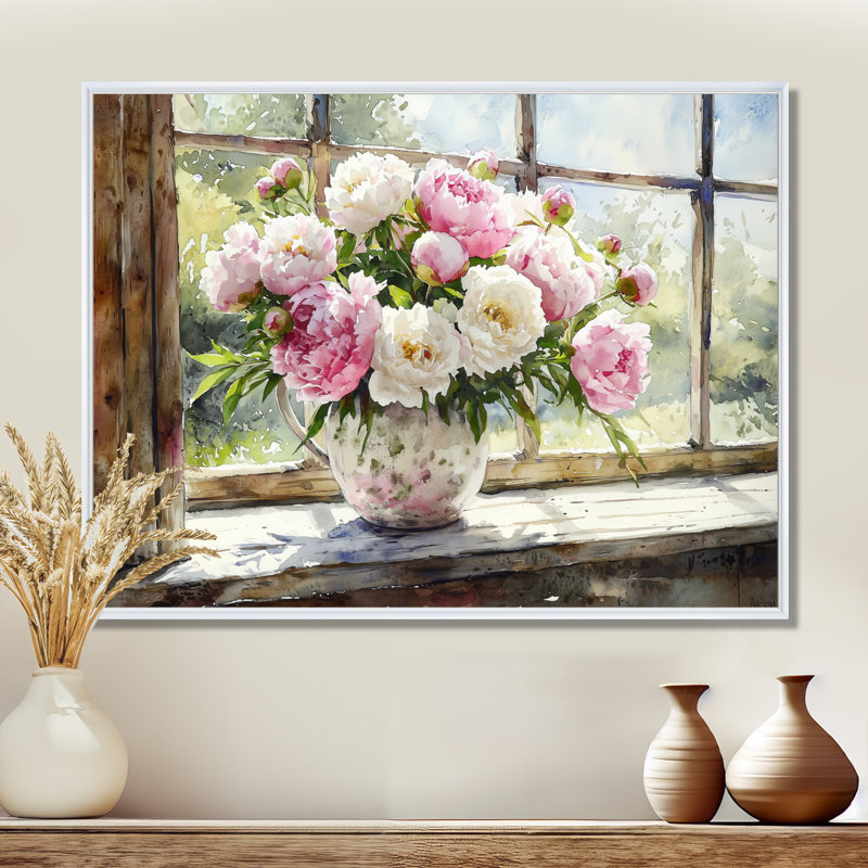 Art mural rustique avec pivoines II - pivoines, H 30 po x l 40 po, Cadre flottant blanc