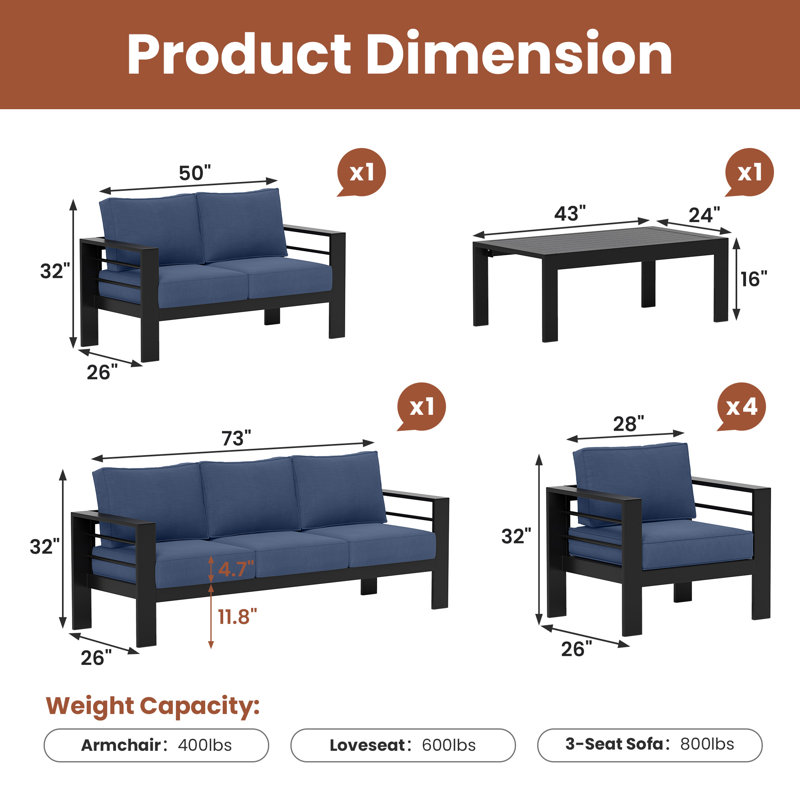 Aluminum 9-Person Outdoor Conversation Sets, Black/Blue