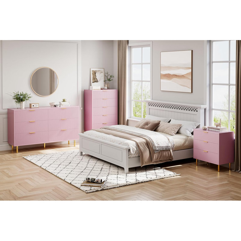 pink gold dresser Ebern Designs 3-Drawer Dresser, Modern Chest with Handles, Large Storage for Bedroom, Living Room, Entryway Vintage dresser