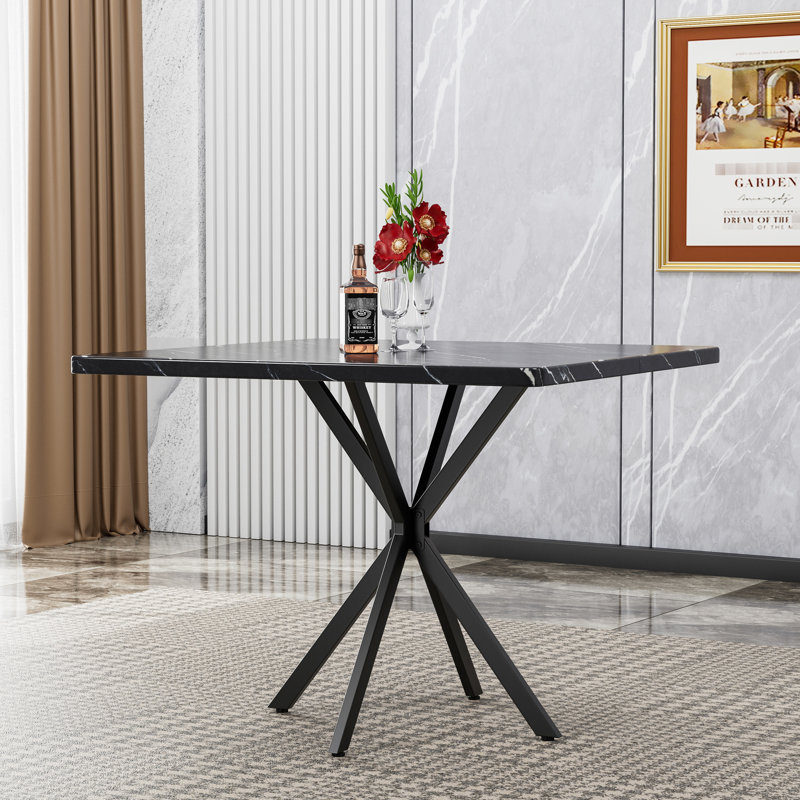 Table de salle à manger carrée pour 4 personnes, plateau en faux marbre, pieds en fer, fauteuils spatiaux, noir et gris, étapes d'installation Mid Century Modern 4 et méthode d'installation