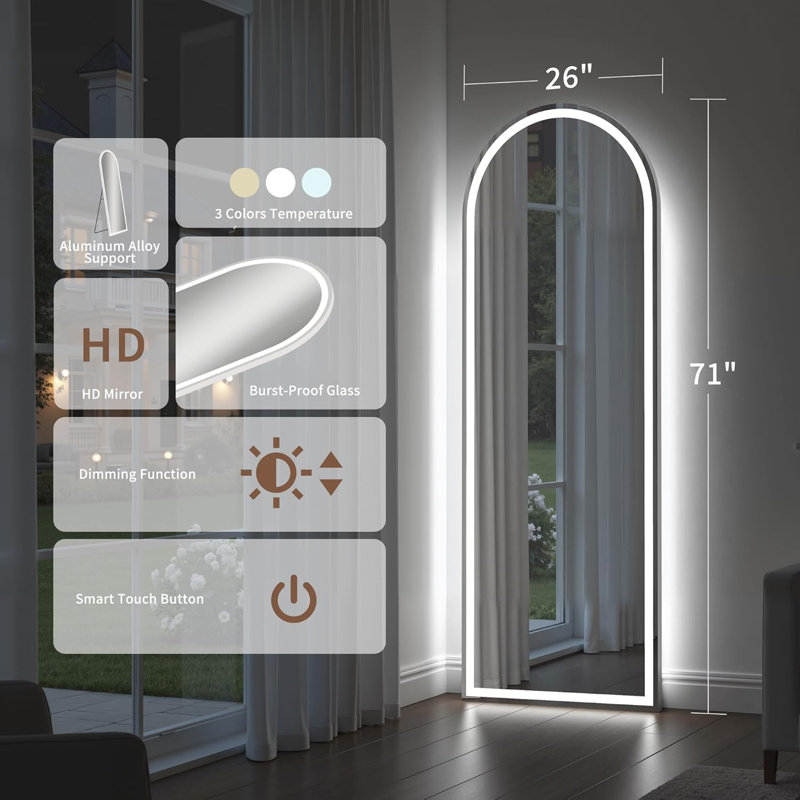 Miroir pleine longueur arqué 71 po x 26 po avec éclairage DEL