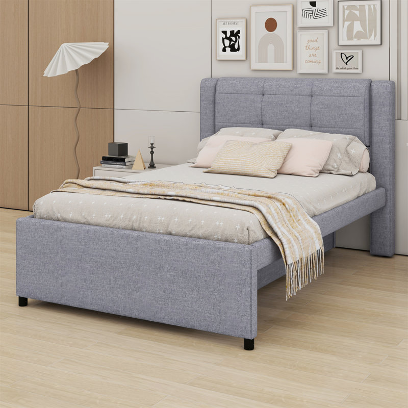 Lit plateforme tapissier avec lit gigogne, Gris
