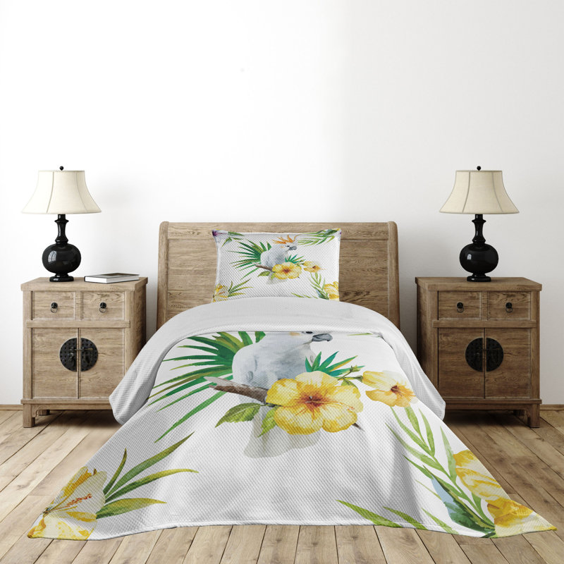 Tropical Parrot and Hibiscus Twin Quilted Bedspread Set
