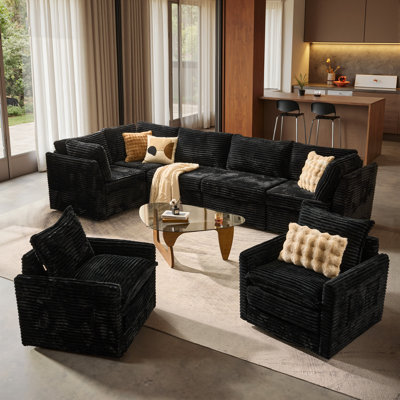 7-piece Plush Corduroy Modular L-shape Sectional Sofa Set With Swivel Chairs, Modern Living Room Furniture Set by Mercer41