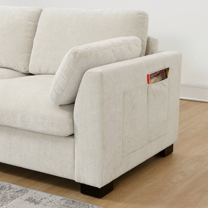 Canapé modulaire de 130 po en forme de L avec table pliante et port double, poches de rangement latérales, 2 coussins d'accoudoirs, repose-pieds à mouvement libre, mousse haute densité, chenille, 5 sièges, 2 couleurs