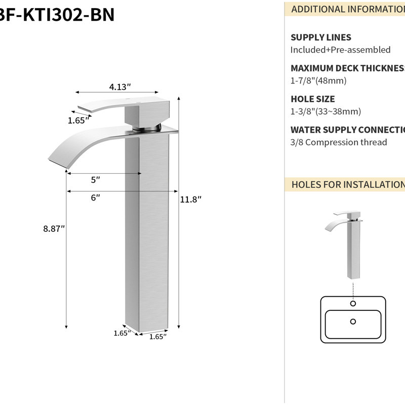 Bathroom Faucet 6" - Stainless Steel 304, Brushed Nickel, Deck-Mounted, Decoration Sink 304 Construction, Cartridge Valve, Modern Look