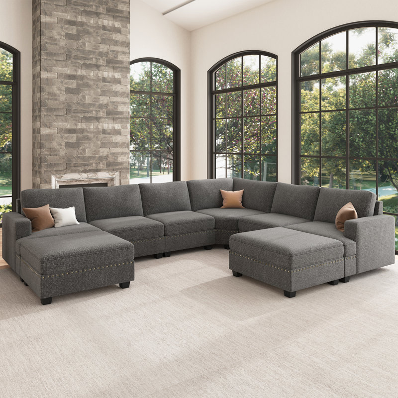 Grand canapé modulaire en U avec repose-pieds Anureet, Polyester gris clair, Oui