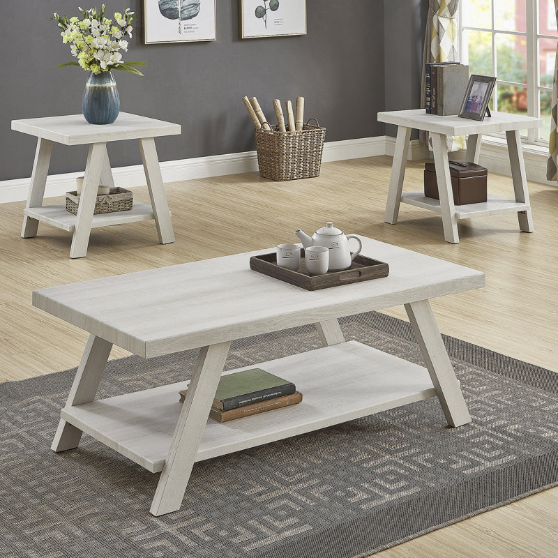 Table basse rectangulaire avec plateau en bois manufacturé et tablette, Blanc, Blanc