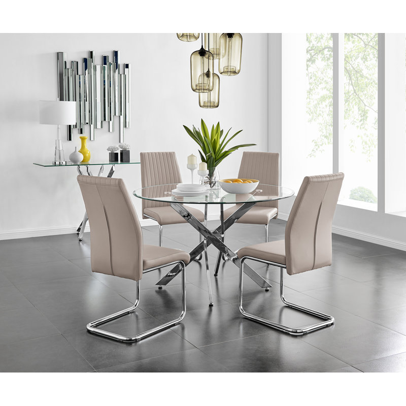Tierra Modern Chrome Metal & Glass Round Dining Table Set with 4 Upholstered Faux Leather Chairs, Cappuccino Beige