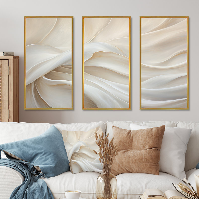 White Silk Fabric River - Fashion Canvas Wall Art Set, Gold Floater Framed, 40" H x 60" W