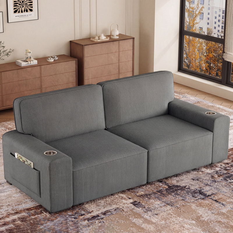 Modern Loveseat Sofa For Living Room, 87-Inch Corduroy Sofa, Spring Cushions, Solid Wood Frame, Easy Assembly For Small Spaces - Gray