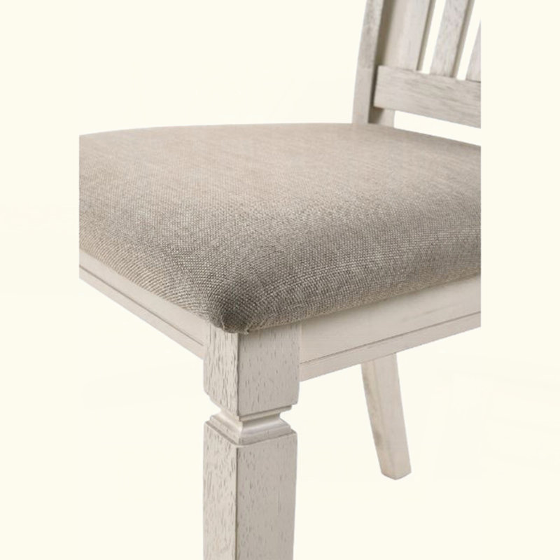 Set Of 2 Dining Chairs With Slat Back, Tan Fabric And Cream Finish