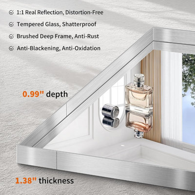 Silver Bathroom Mirror, 30"X36" Rectangular Mirror With Deep Metal Frame, Brushed Finish, Tempered Glass, Mirror For Wall, Oversink, Bedroom, Installed Vertically/Horizontally, Crystal-Clear