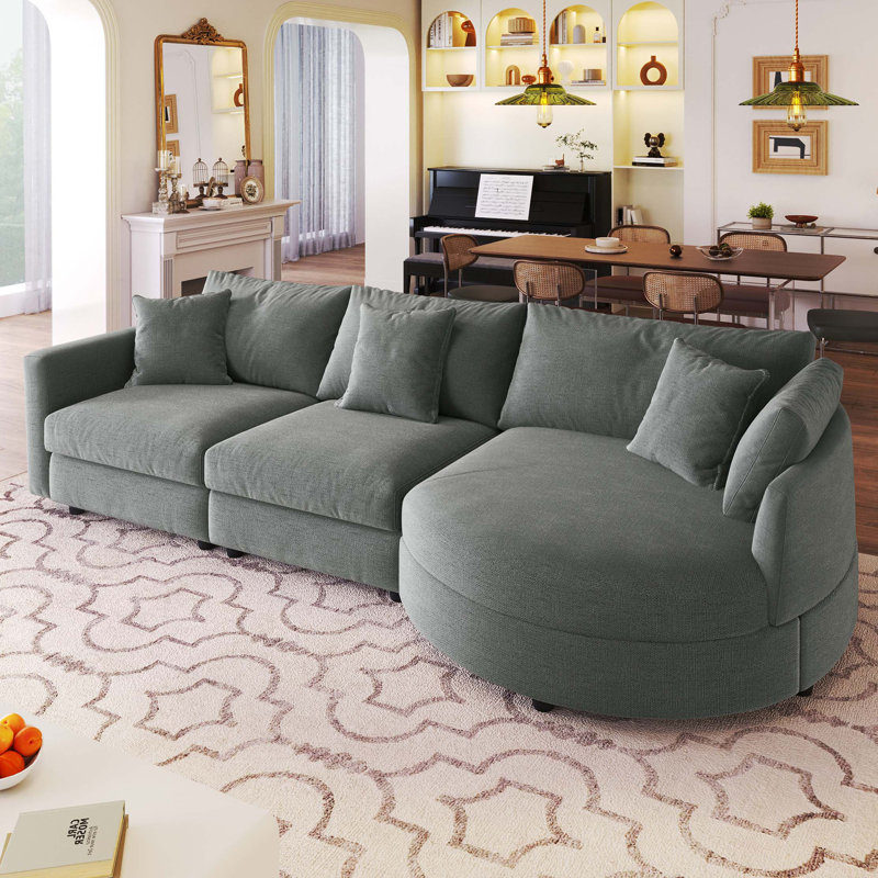 Canapé modulaire en tissu chenille 3 pièces 105 po avec méridienne incurvée et 3 coussins décoratifs 105 po, Gris