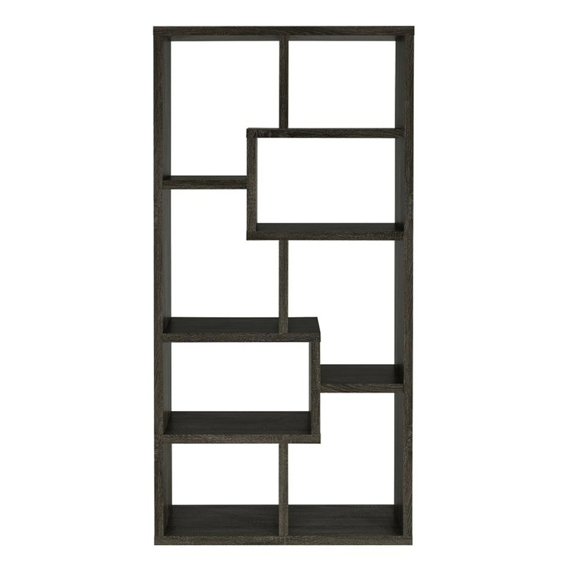 Grey Bookcase, 10 Shelves, Geometric Shapes, Open , , Tip-Over Restraint For Weathered Grey, Rectangular Multiple Space Back, And Engineered Veneer