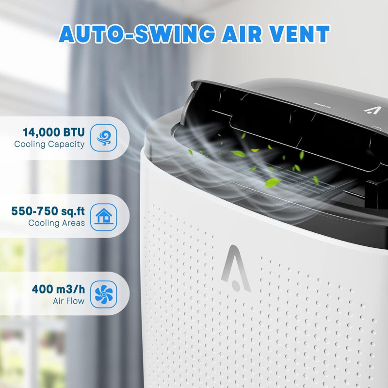 Climatiseur portatif 14 000 BTU - Refroidissement de pièce de 700 pieds carrés, mode veille, 3 vitesses de ventilateur, télécommande pour la maison et le bureau