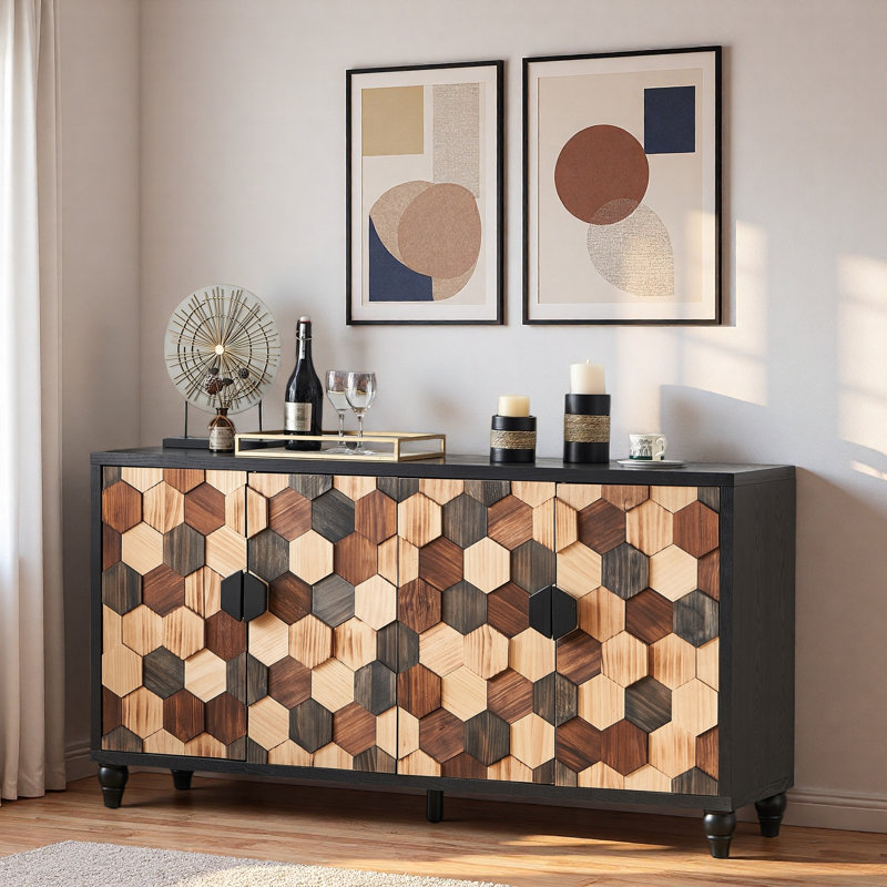 Buffet Buffet avec motif nid d'abeille et pieds en bois de pin