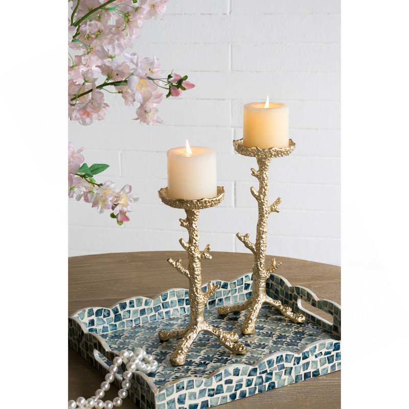 Set Of 2 Gold Aluminum Pillar Candle Holder With Coral Branch Design, S:4.7X4.7X9.8" L:4.7X4.7X11.8"