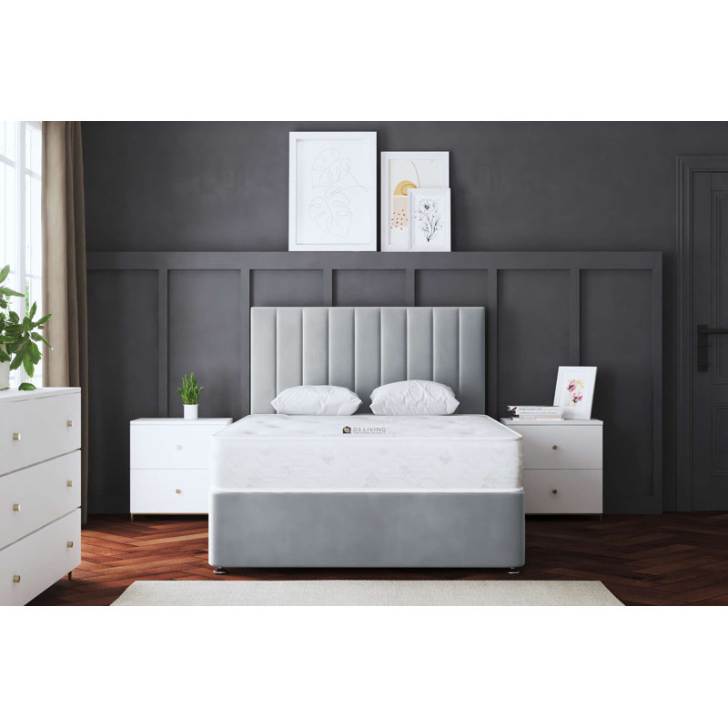 Amelia Upholstered Panel 4 Draw Divan Bed with Headboard, Silver, Double (4'6)