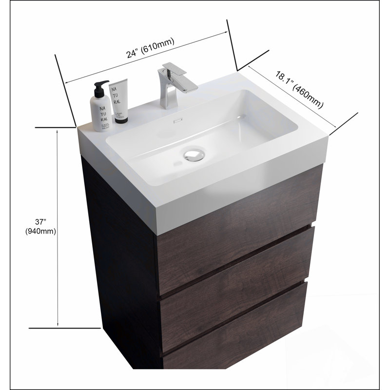 Meuble-lavabo autoportant en noyer avec grand lavabo en noyer, Noyer, 24"