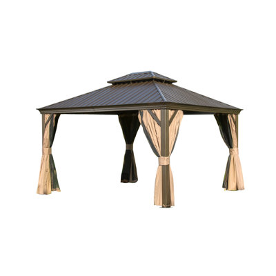 12'X14' Gazebo, Galvanized Steel Roof, High-Tech Aluminum Frame - Brown Outdoor 12'X14', With And Double Roof Privacy Net