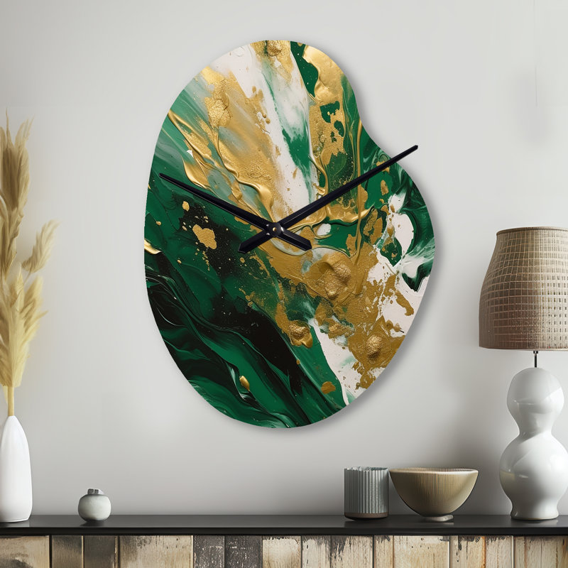 Vert et or Serene Cascade II - horloge murale asymétrique abstraite, impression unique, Petit