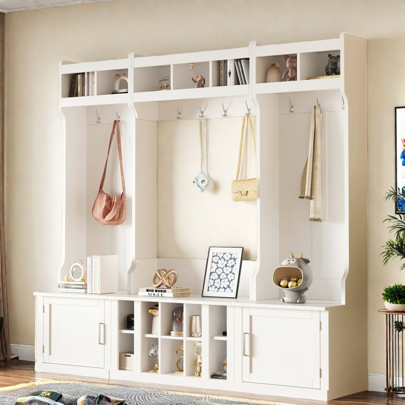 4-in-1 Multi-functional Hall Tree With Coat Rack, Bench, Shoe Cubbies And Open Compartments, White