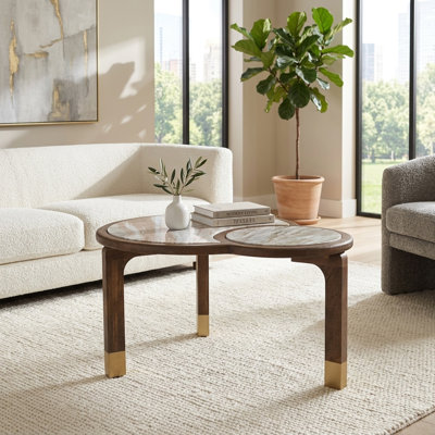 Table basse élégante en marbre et en bois pour le salon - table d'appoint moderne avec base circulaire superposée pour la présentation de la pièce - brun et blanc