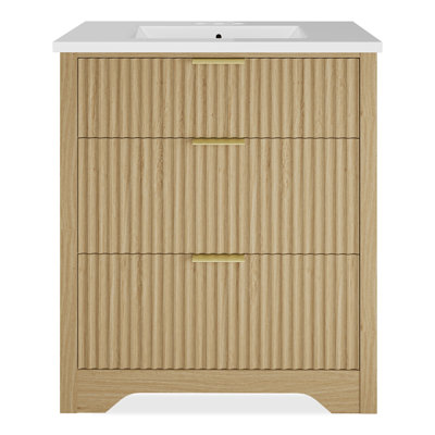 Modern Fluted Bathroom Vanity with Basin – Freestanding Cabinet, 2 Soft-Close Drawers, 1 Rotating-Down Drawer, Easy Assembly & Cleaning, Single Basin, 30 Inch