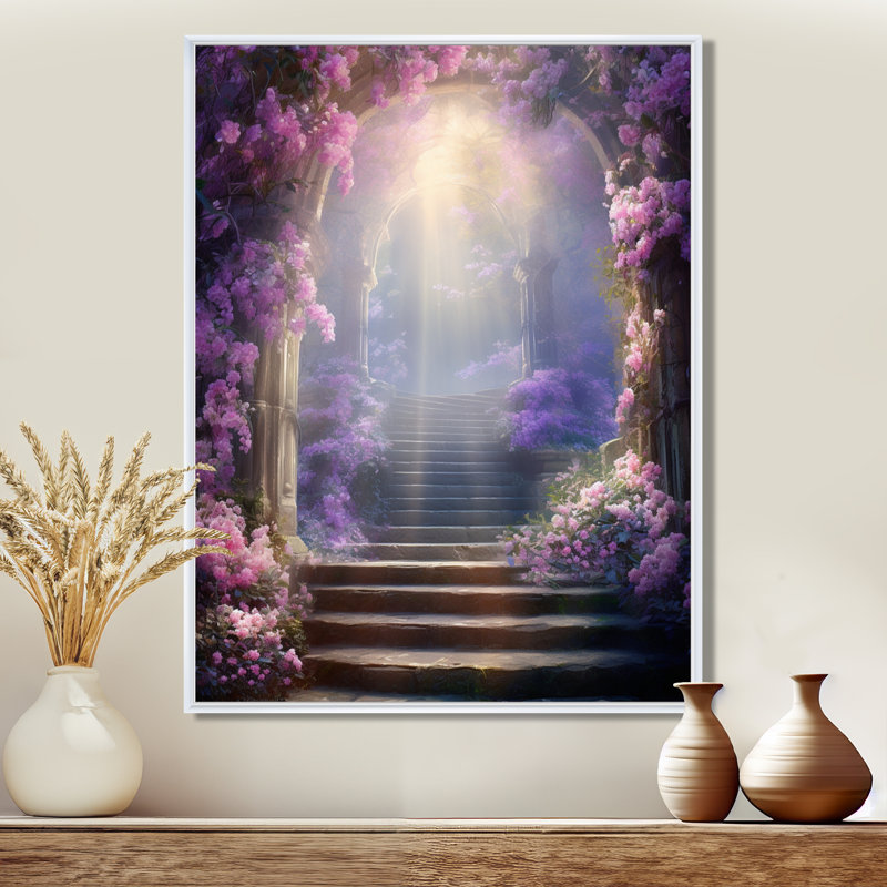 "Stairs To Purple Flower" - impression d'art mural fleurs, H 44 po x l 34 po, Cadre flottant blanc, bois massif
