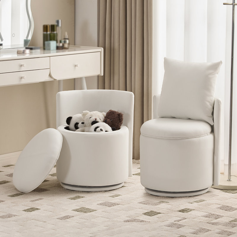 Fauteuil de coiffeuse pivotant à 360 ° avec rangement, repose-pieds rond en cuir PU avec coussins, tabouret de maquillage moderne sans assemblage pour la chambre à coucher, la commode et le salon (blanc)
