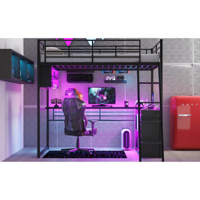 Lit mezzanine en métal noir avec choix de rangement à DEL, de bureau et abondant - bureau lumineux à DEL et 4 tablettes