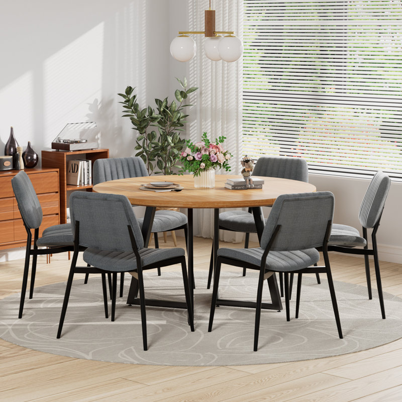 Table de salle à manger ronde avec chaises en tissu de lin, 7, Naturel, Gris
